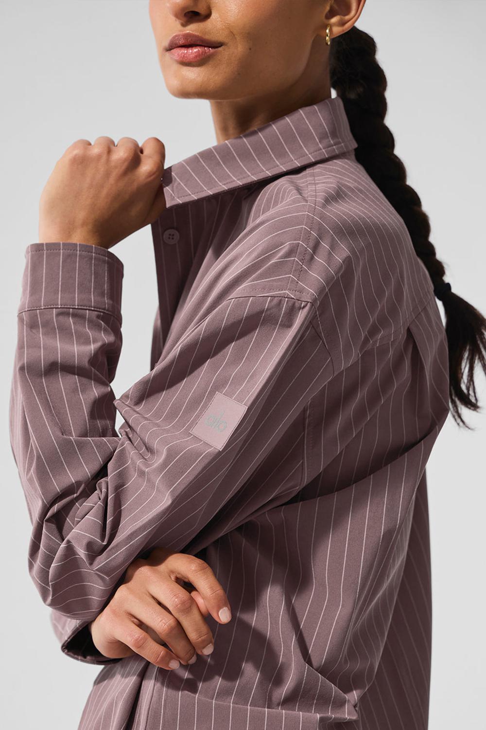 Μακρυμανικο γυναικεια Alo Yoga Pinstripe Daylight Button Down Mushroom / Ivory | Greece  KXAHG-8397