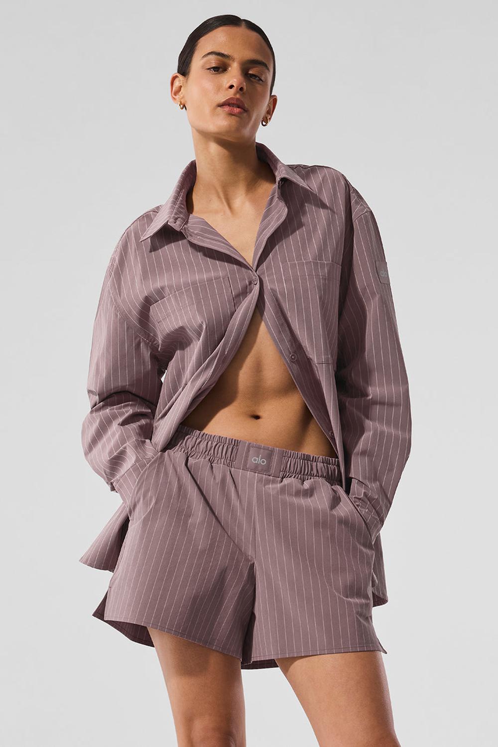 Μακρυμανικο γυναικεια Alo Yoga Pinstripe Daylight Button Down Mushroom / Ivory | Greece  KXAHG-8397