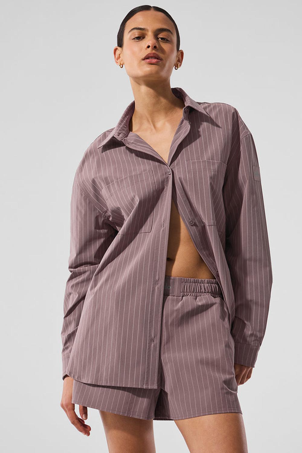 Μακρυμανικο γυναικεια Alo Yoga Pinstripe Daylight Button Down Mushroom / Ivory | Greece  KXAHG-8397