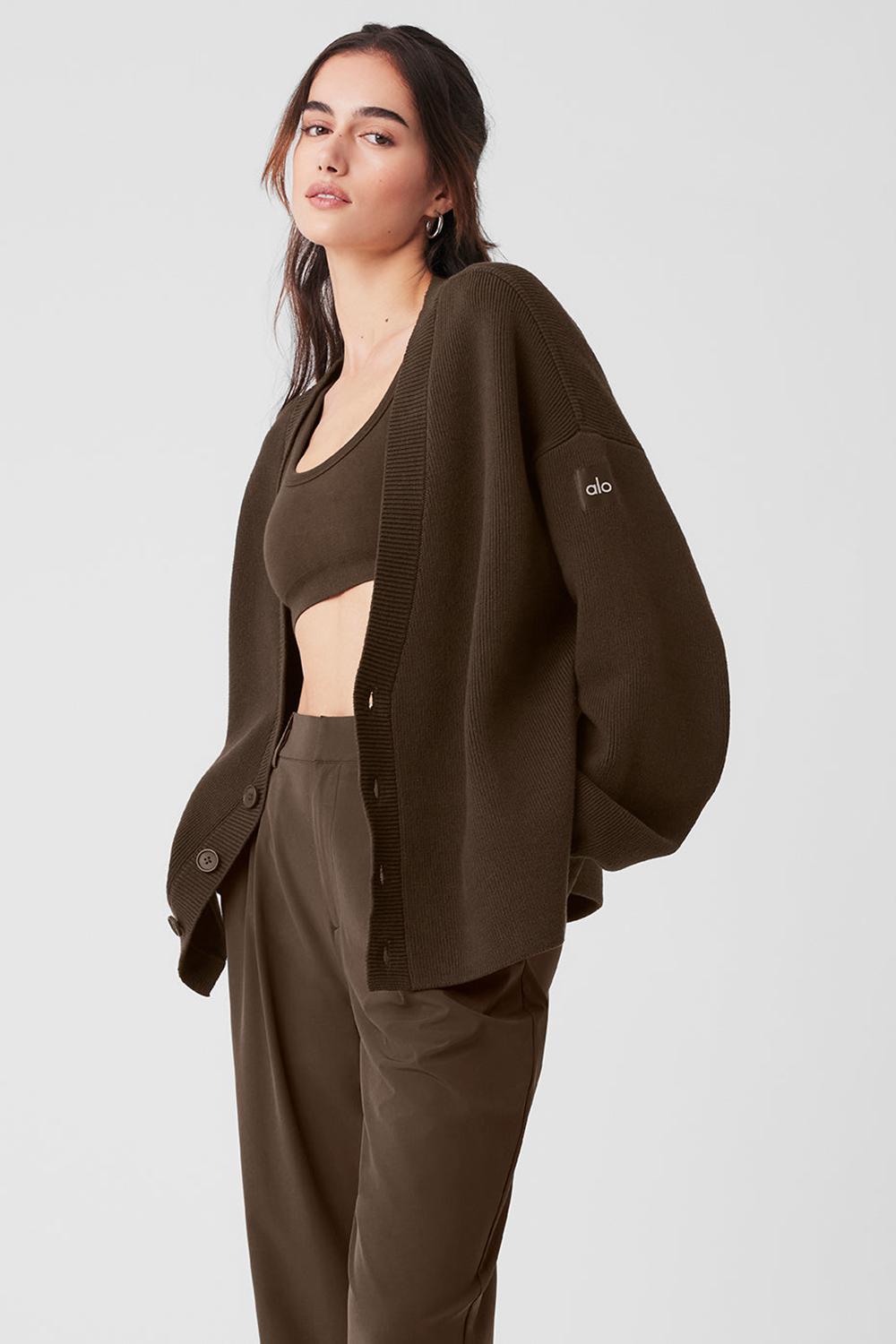 Πουλόβερ γυναικεια Alo Yoga Scholar Cardigan Espresso | Greece  YJOVW-7504