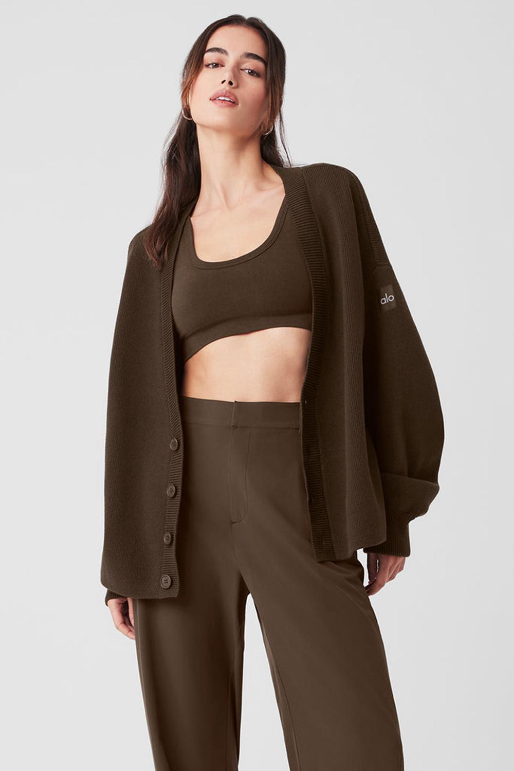 Πουλόβερ γυναικεια Alo Yoga Scholar Cardigan Espresso | Greece  YJOVW-7504