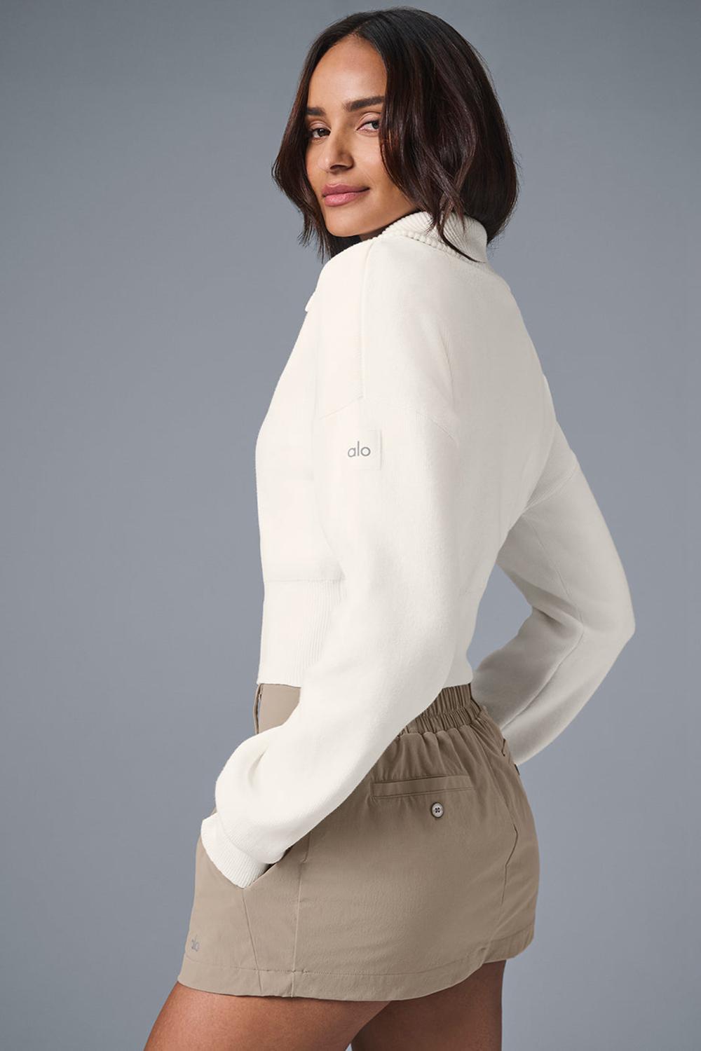Μπουφαν γυναικεια Alo Yoga Scholar Knit Cropped Full Zip Ivory | Greece  SVOFT-3182