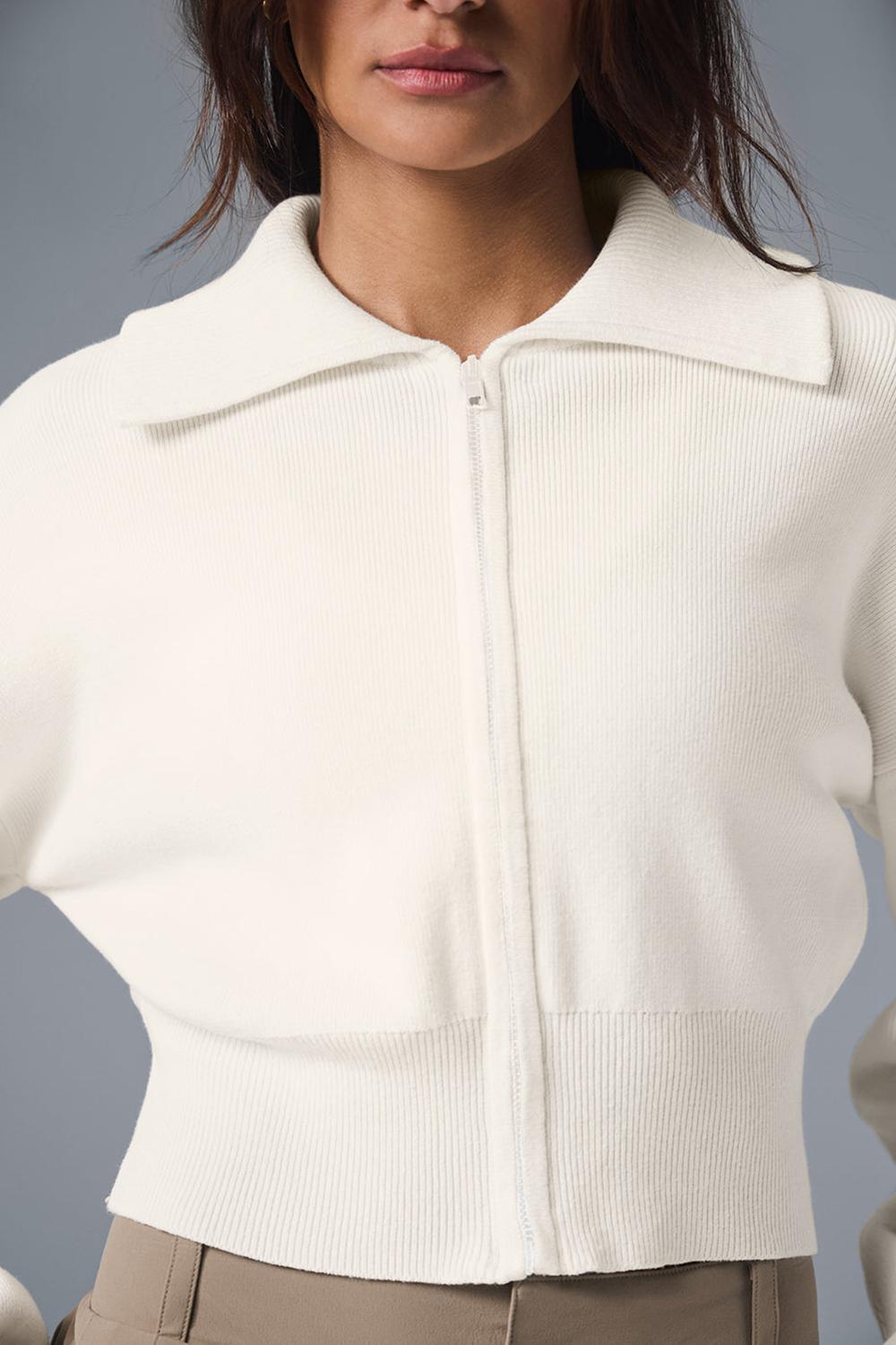 Μπουφαν γυναικεια Alo Yoga Scholar Knit Cropped Full Zip Ivory | Greece  SVOFT-3182