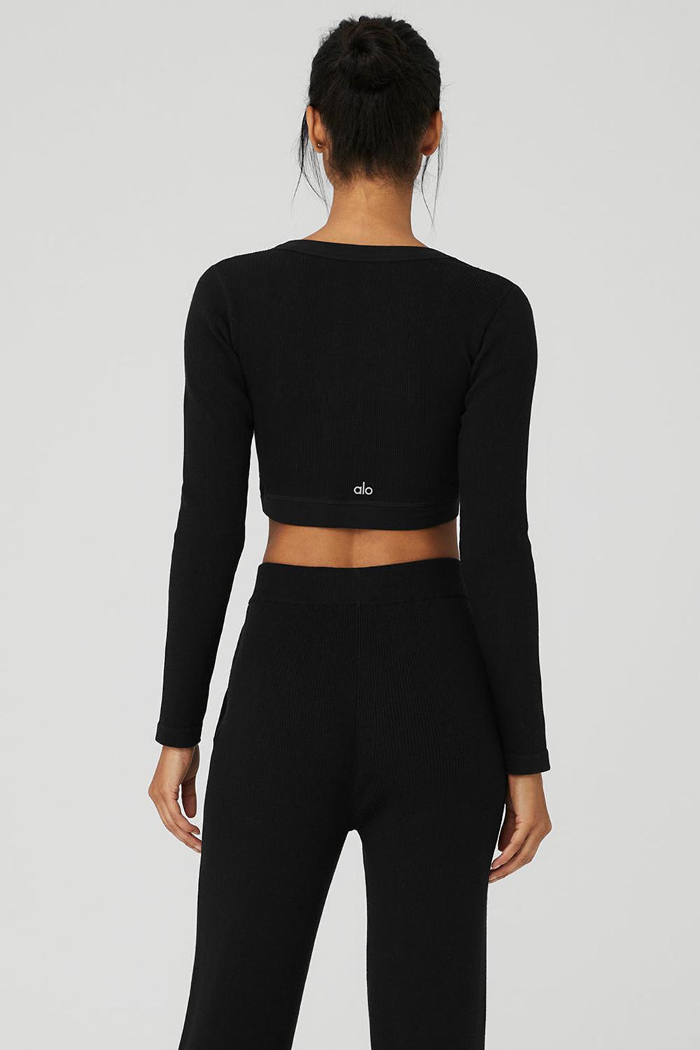 Μακρυμανικο γυναικεια Alo Yoga Seamless Ribbed Cropped Serene μαυρα | Greece  XWNMQ-9528