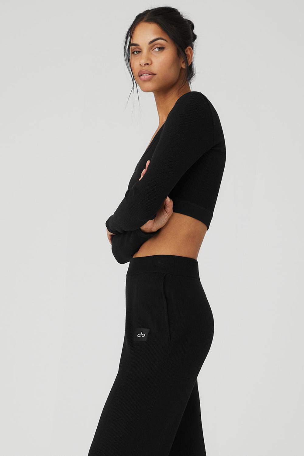Μακρυμανικο γυναικεια Alo Yoga Seamless Ribbed Cropped Serene μαυρα | Greece  XWNMQ-9528