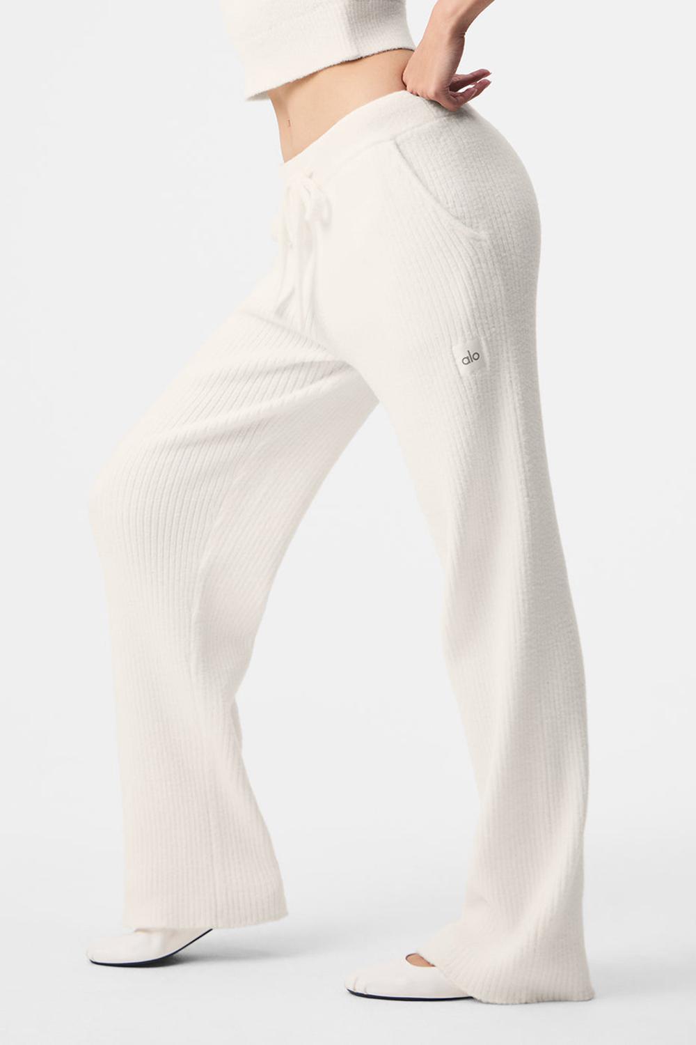 Παντελονι γυναικεια Alo Yoga Snuggle Up Sweater High-Waist Wide Leg Ivory | Greece  FYIPT-1796