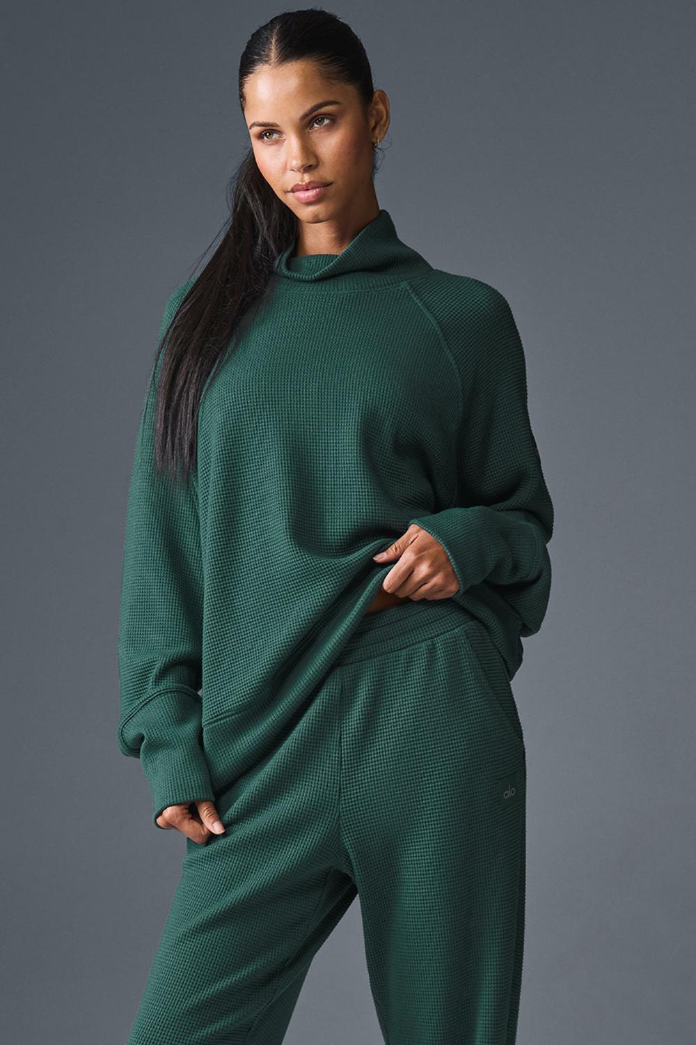 Μακρυμανικο γυναικεια Alo Yoga Waffle Weekend Escape Mock Neck Winter Ivy | Greece  MYLXQ-0534