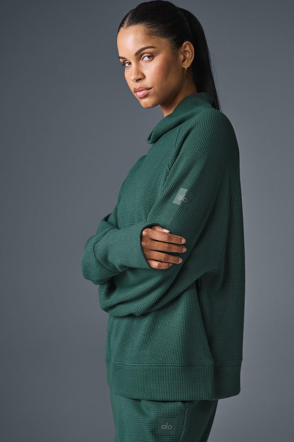 Μακρυμανικο γυναικεια Alo Yoga Waffle Weekend Escape Mock Neck Winter Ivy | Greece  MYLXQ-0534