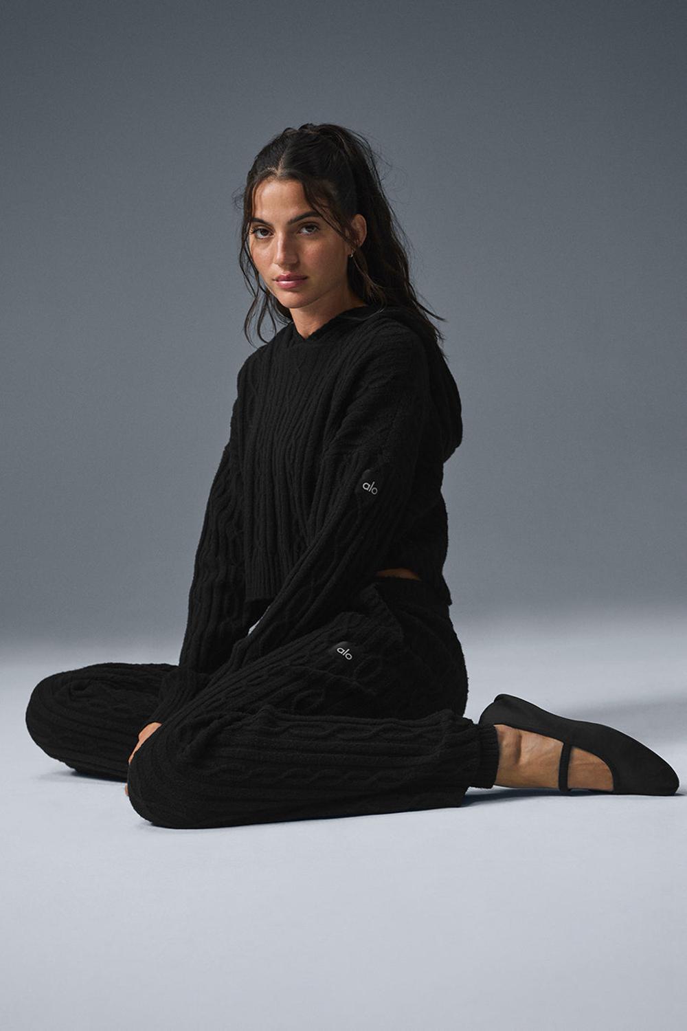 Φουτερ με Κουκουλα γυναικεια Alo Yoga Cable Knit Winter Bliss μαυρα | Greece  KHNGU-2567