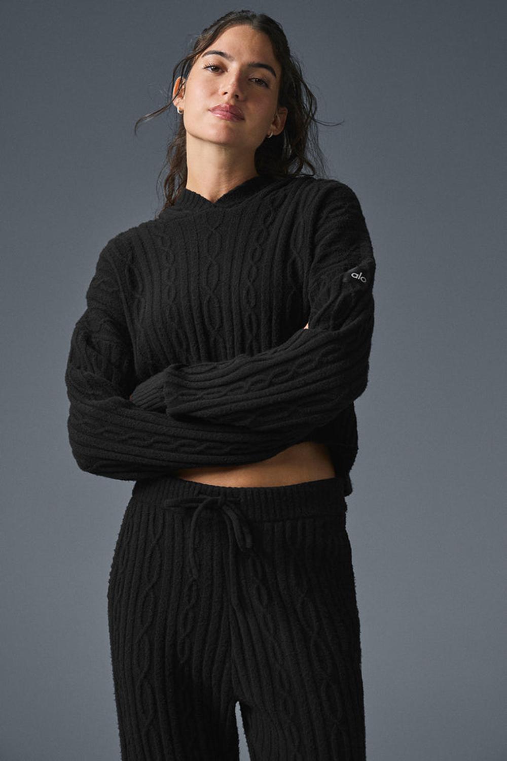 Φουτερ με Κουκουλα γυναικεια Alo Yoga Cable Knit Winter Bliss μαυρα | Greece  KHNGU-2567