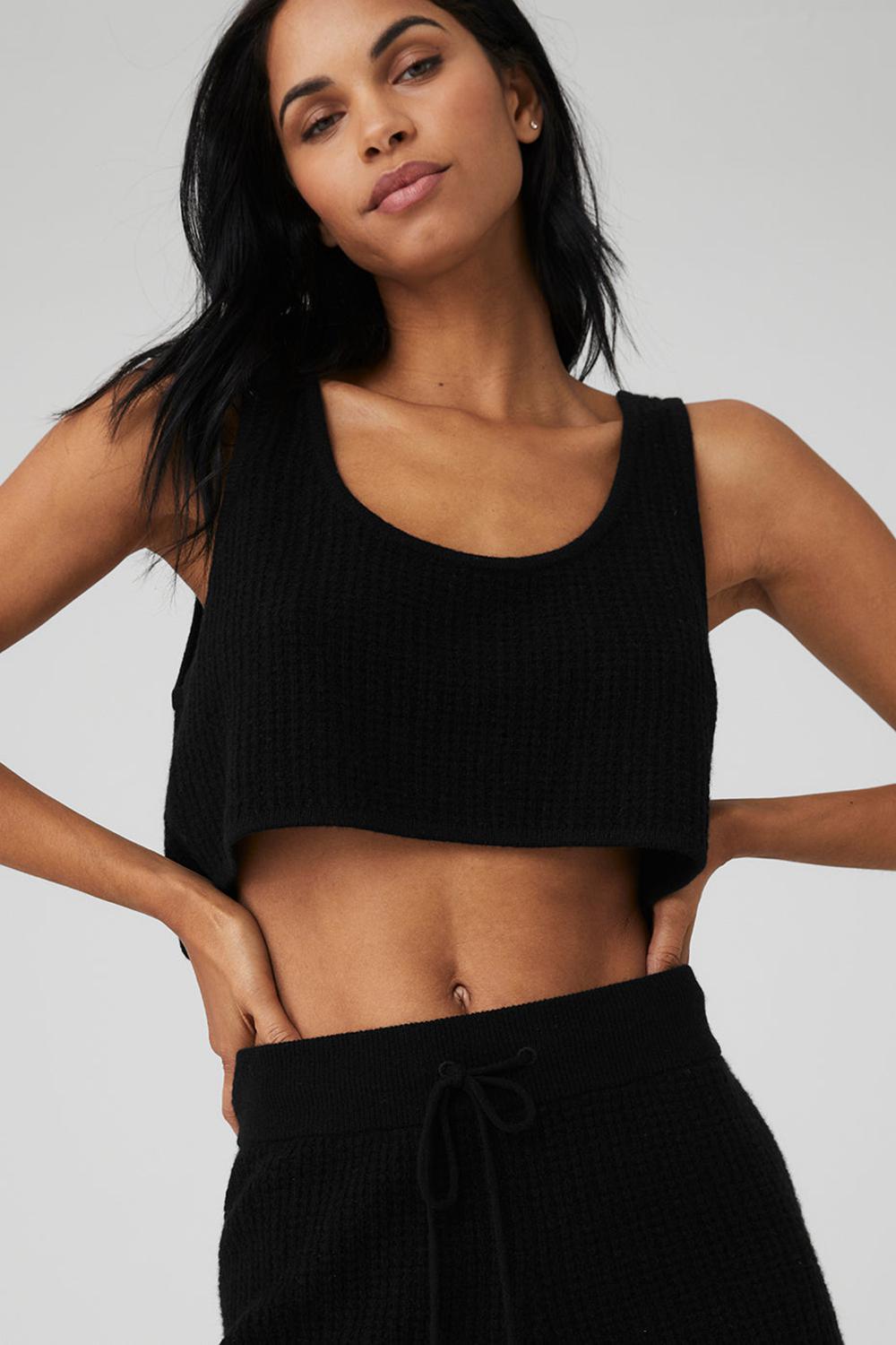 φανελακια για τρεξιμο γυναικεια Alo Yoga Cashmere Plush Waffle Cropped μαυρα | Greece  GKBDQ-7301