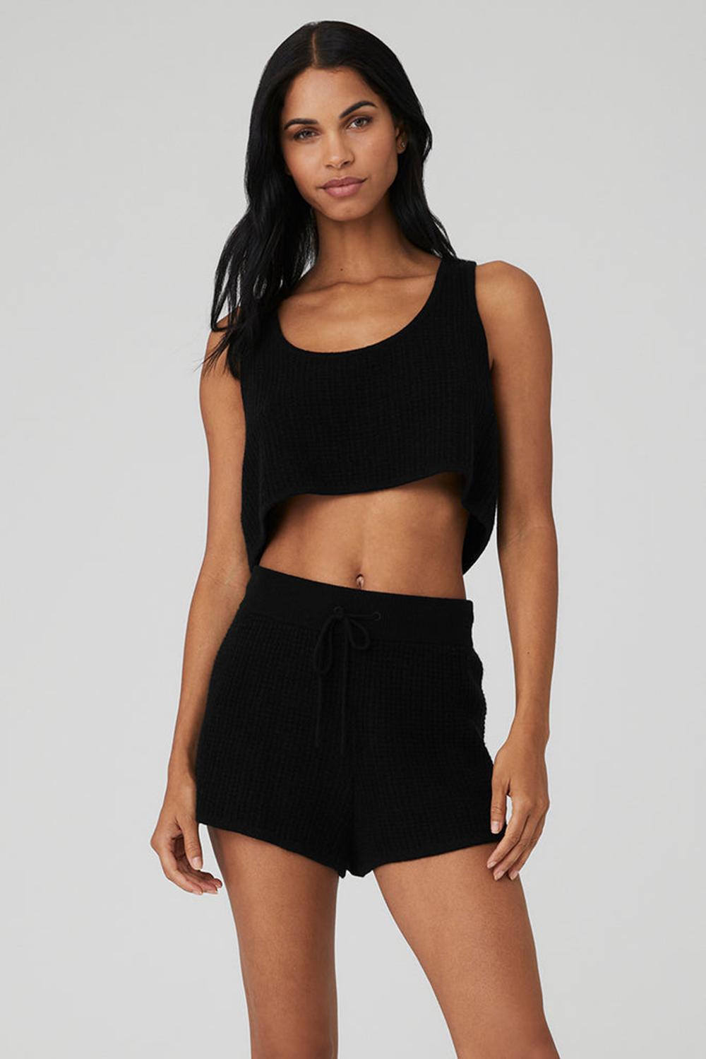 φανελακια για τρεξιμο γυναικεια Alo Yoga Cashmere Plush Waffle Cropped μαυρα | Greece  GKBDQ-7301
