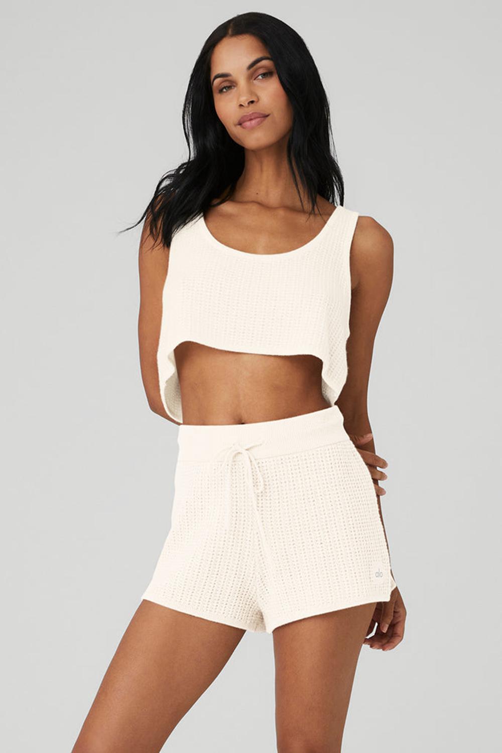 φανελακια για τρεξιμο γυναικεια Alo Yoga Cashmere Plush Waffle Cropped Ivory | Greece  TGIHJ-5067