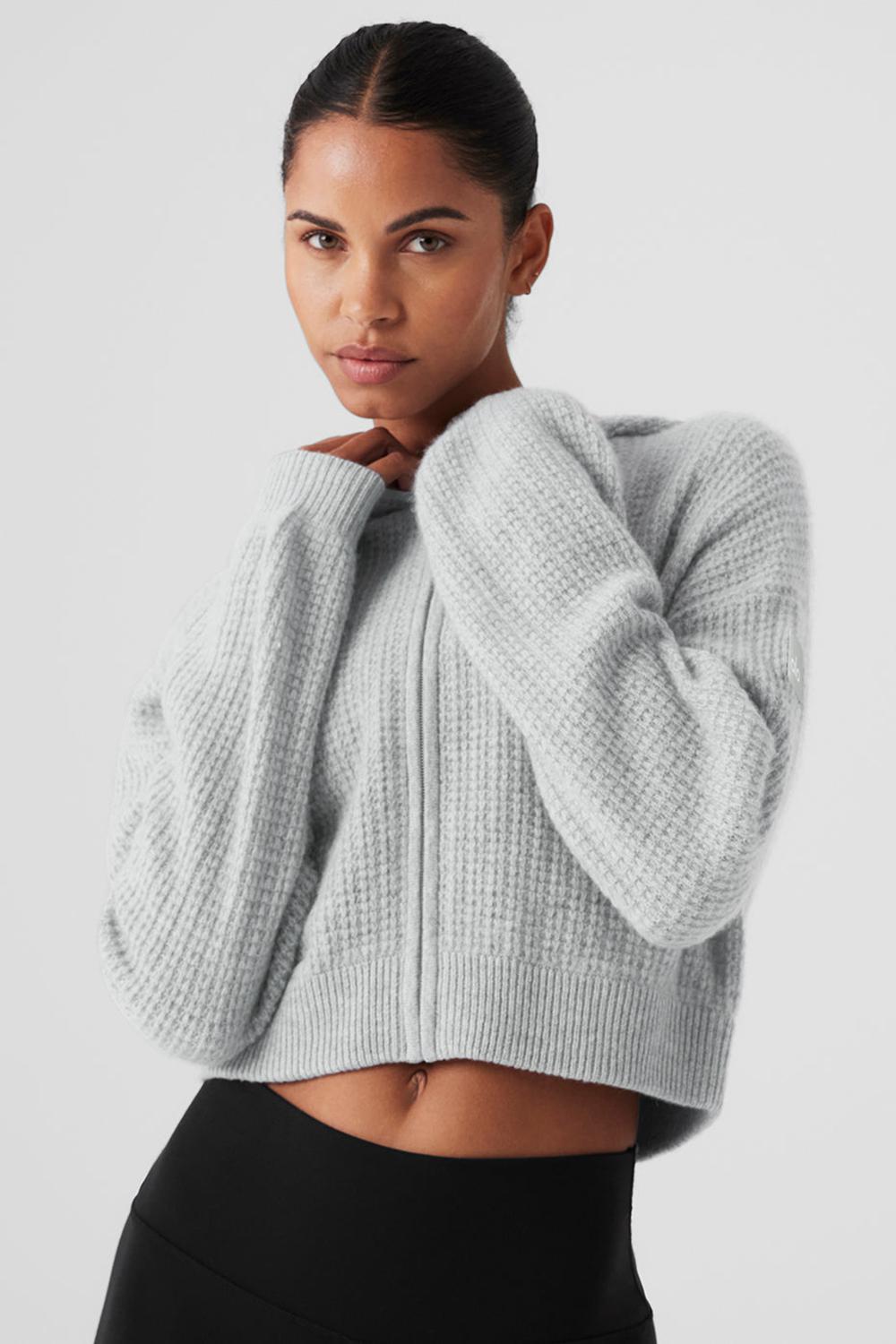 Φουτερ με Κουκουλα γυναικεια Alo Yoga Cashmere Plush Waffle Full Zip γκρι | Greece  TZSYD-0961