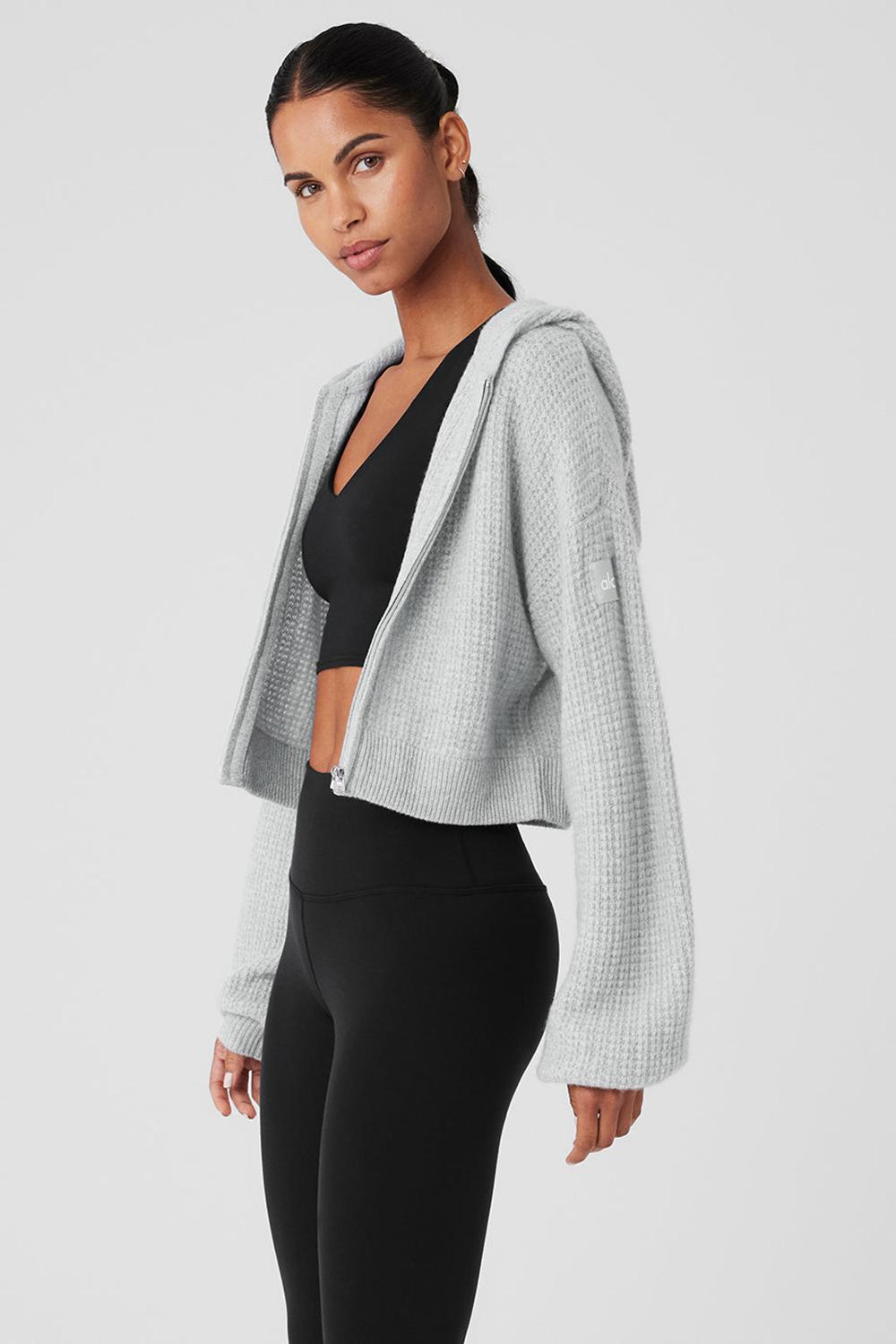 Φουτερ με Κουκουλα γυναικεια Alo Yoga Cashmere Plush Waffle Full Zip γκρι | Greece  TZSYD-0961