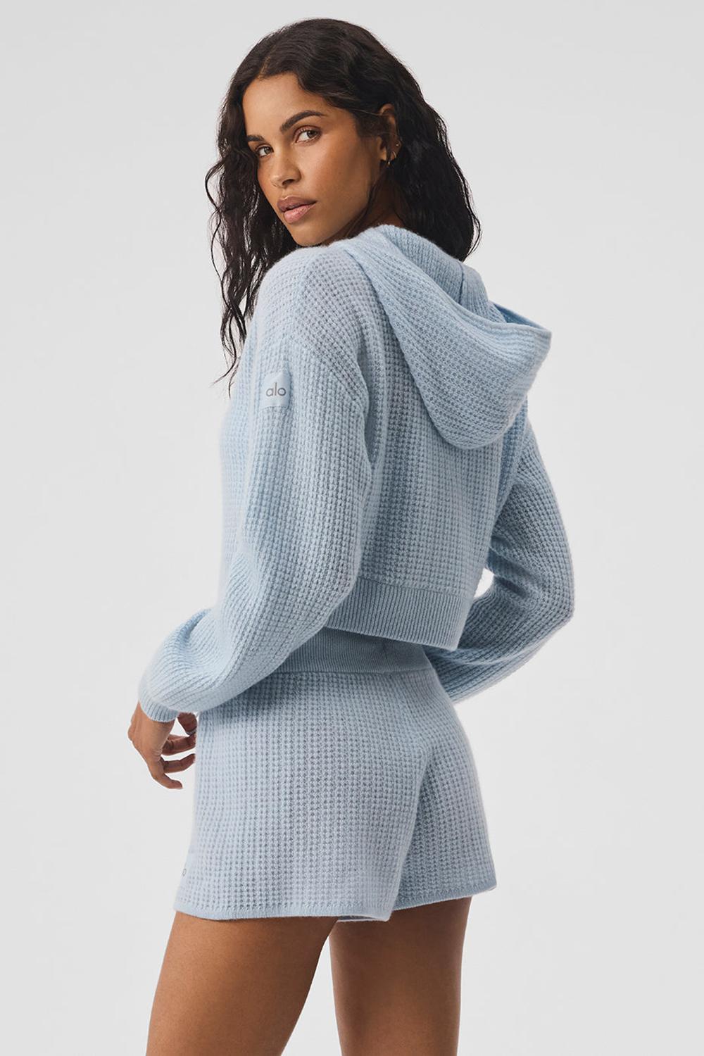 Φουτερ με Κουκουλα γυναικεια Alo Yoga Cashmere Plush Waffle Full Zip μπλε | Greece  MCZTK-4691