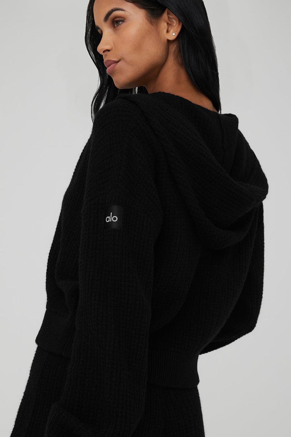 Φουτερ με Κουκουλα γυναικεια Alo Yoga Cashmere Plush Waffle Full Zip μαυρα | Greece  FEHSY-2431
