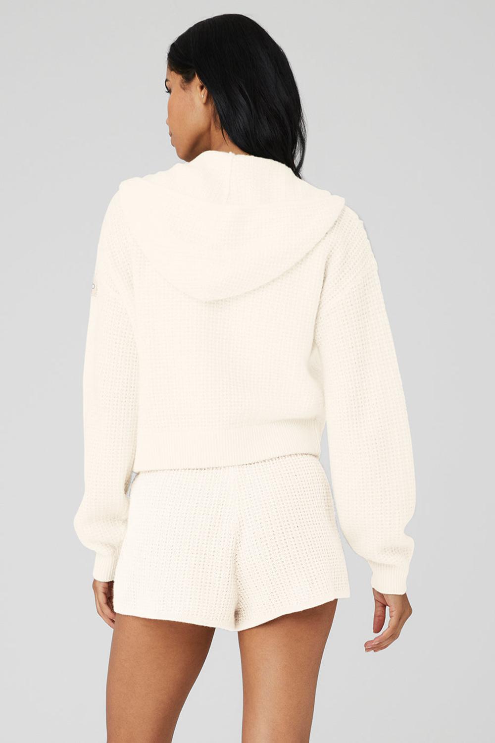 Φουτερ με Κουκουλα γυναικεια Alo Yoga Cashmere Plush Waffle Full Zip Ivory | Greece  VQKWJ-1836
