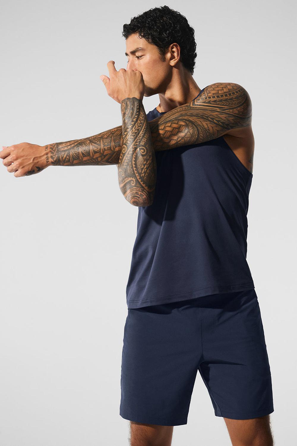 φανελακια για τρεξιμο ανδρικα Alo Yoga Conquer Muscle σκουρο μπλε | Greece  THAVM-7924