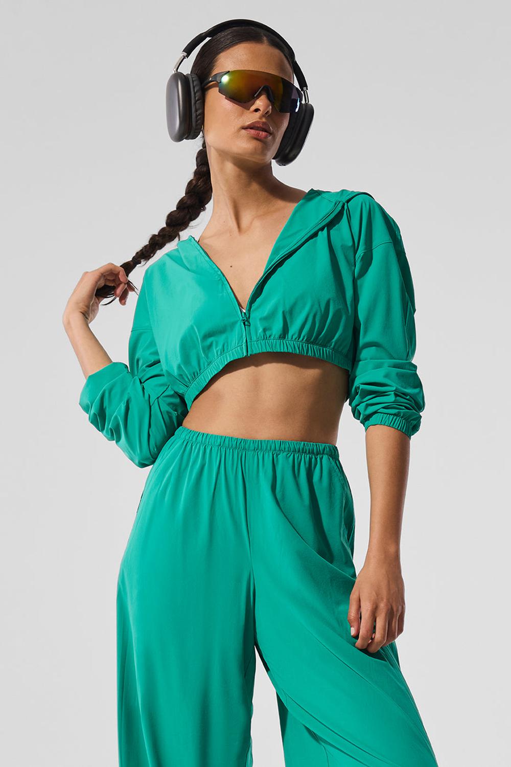 Φουτερ με Κουκουλα γυναικεια Alo Yoga Cropped Breezy Full-Zip πρασινο | Greece  FUTHA-7641