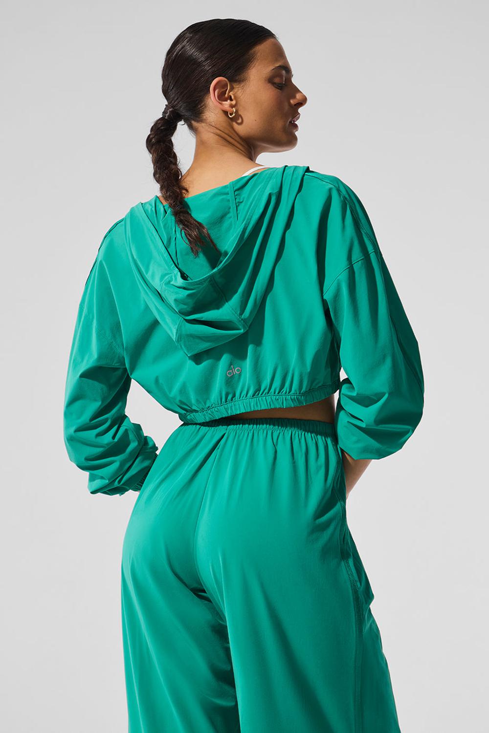 Φουτερ με Κουκουλα γυναικεια Alo Yoga Cropped Breezy Full-Zip πρασινο | Greece  FUTHA-7641