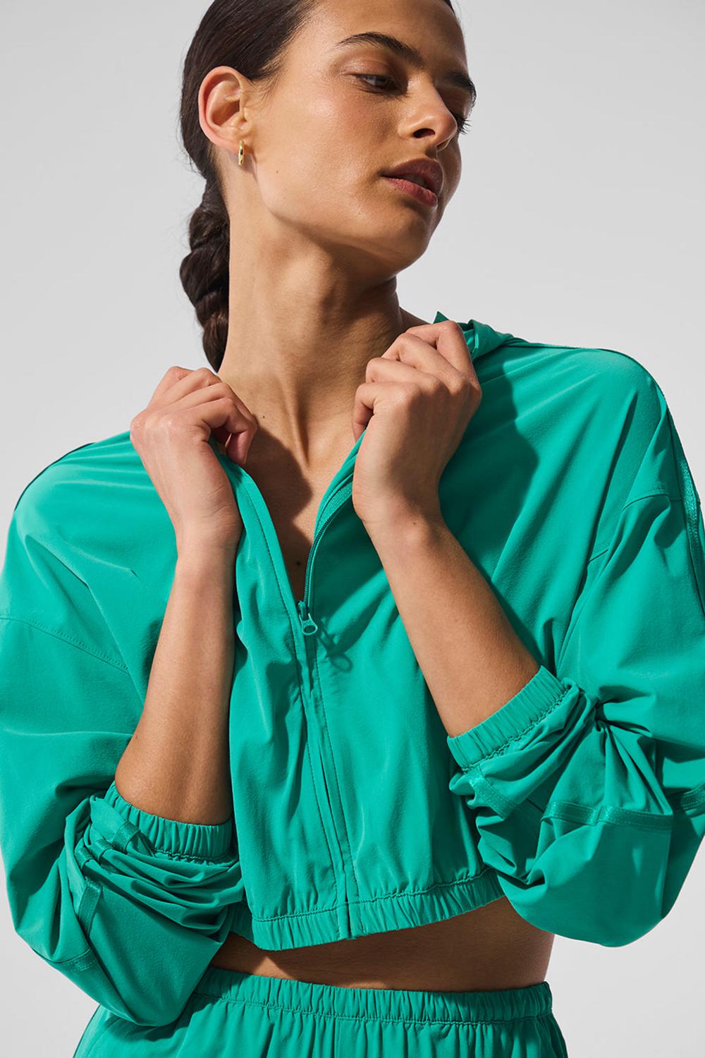Φουτερ με Κουκουλα γυναικεια Alo Yoga Cropped Breezy Full-Zip πρασινο | Greece  FUTHA-7641