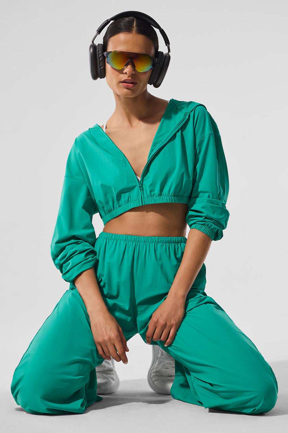 Φουτερ με Κουκουλα γυναικεια Alo Yoga Cropped Breezy Full-Zip πρασινο | Greece  FUTHA-7641
