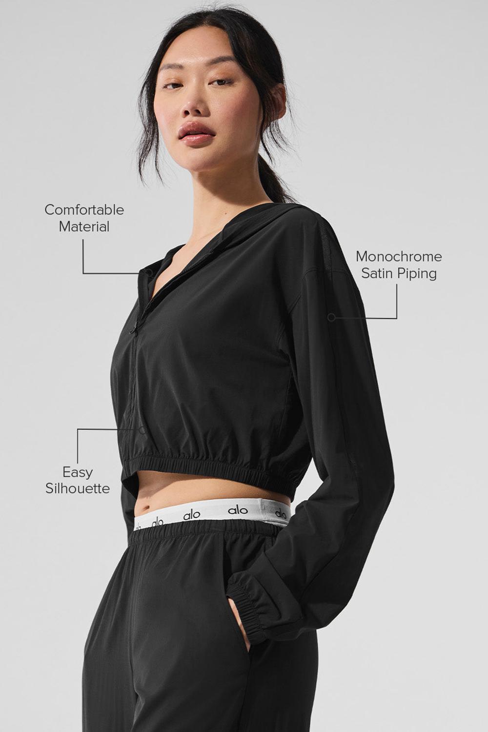 Φουτερ με Κουκουλα γυναικεια Alo Yoga Cropped Breezy Full-Zip μαυρα | Greece  RDGZL-0423