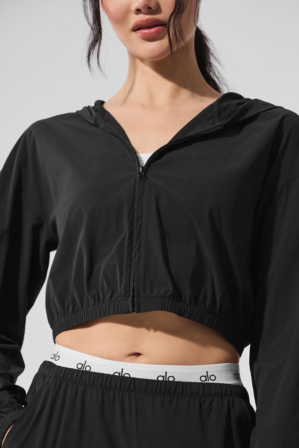 Φουτερ με Κουκουλα γυναικεια Alo Yoga Cropped Breezy Full-Zip μαυρα | Greece  RDGZL-0423