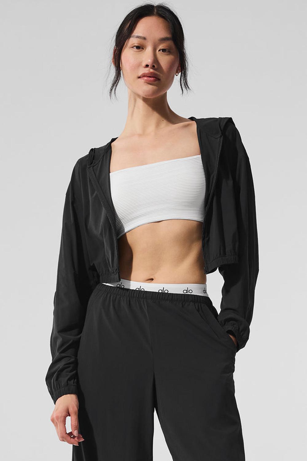 Φουτερ με Κουκουλα γυναικεια Alo Yoga Cropped Breezy Full-Zip μαυρα | Greece  RDGZL-0423