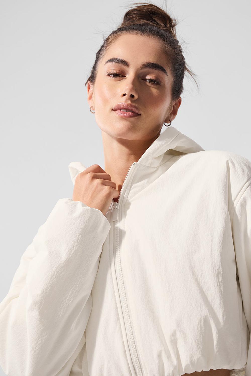 Φουτερ με Κουκουλα γυναικεια Alo Yoga Cropped Mountain Peak Full-Zip Ivory | Greece  AUKZP-5130