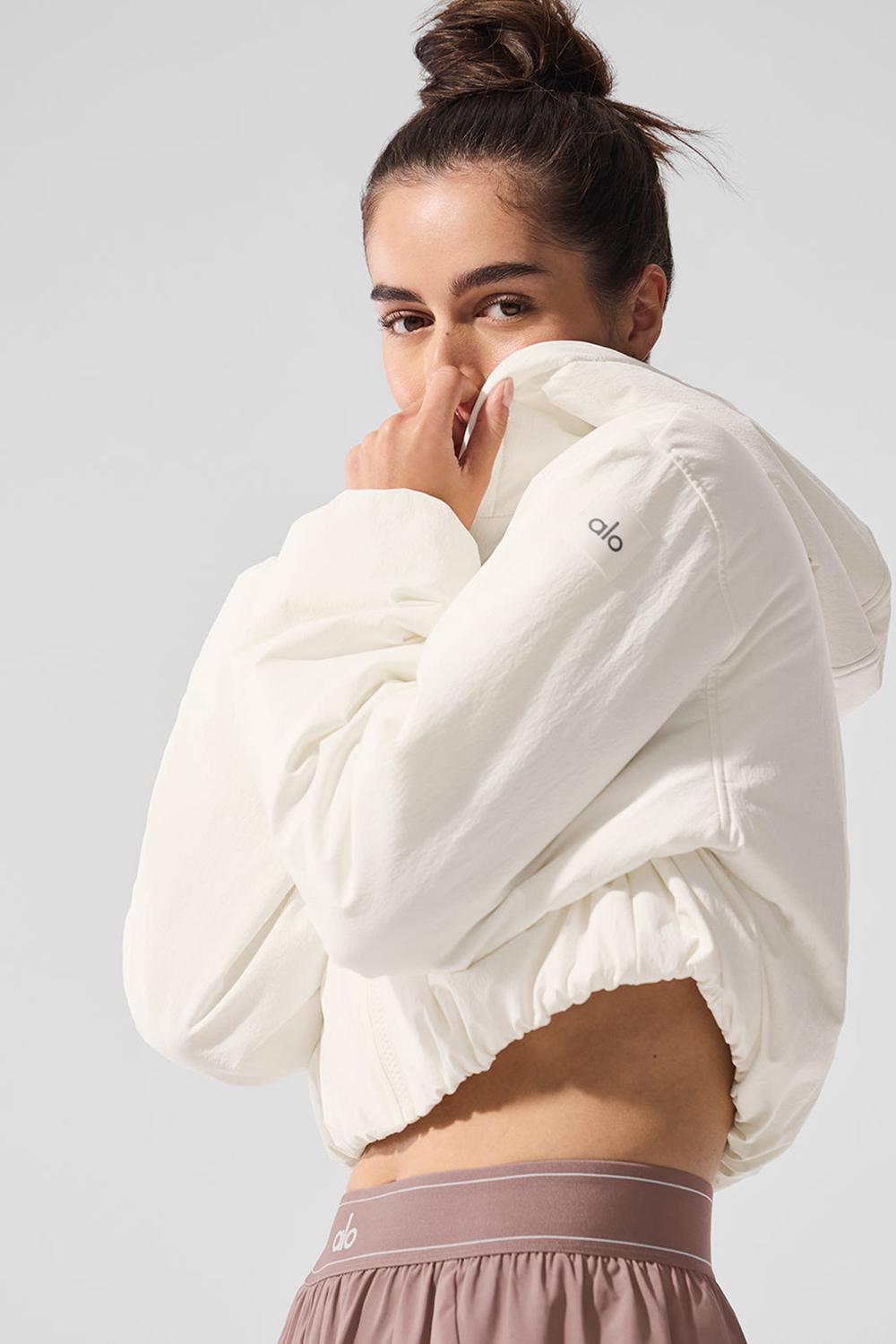 Φουτερ με Κουκουλα γυναικεια Alo Yoga Cropped Mountain Peak Full-Zip Ivory | Greece  AUKZP-5130