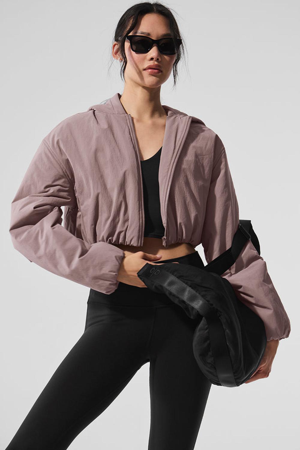 Φουτερ με Κουκουλα γυναικεια Alo Yoga Cropped Mountain Peak Full-Zip Mushroom | Greece  UNZVP-4861