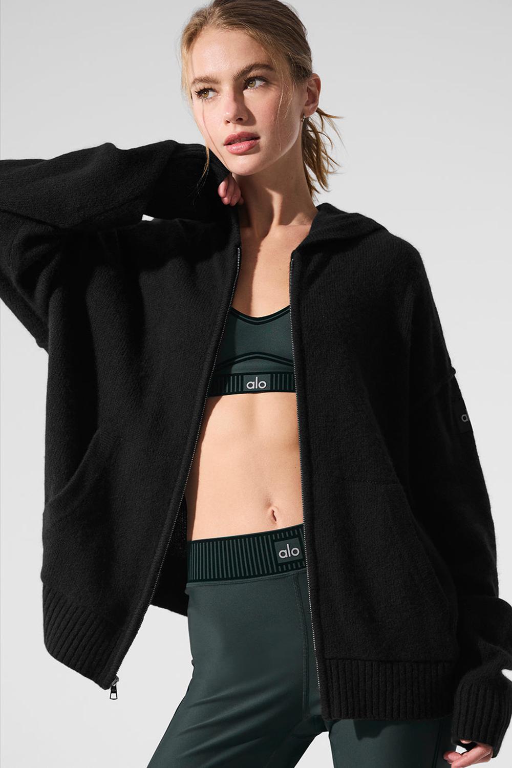 Φουτερ με Κουκουλα γυναικεια Alo Yoga New Class Cashmere Full Zip μαυρα | Greece  DOLUI-6251
