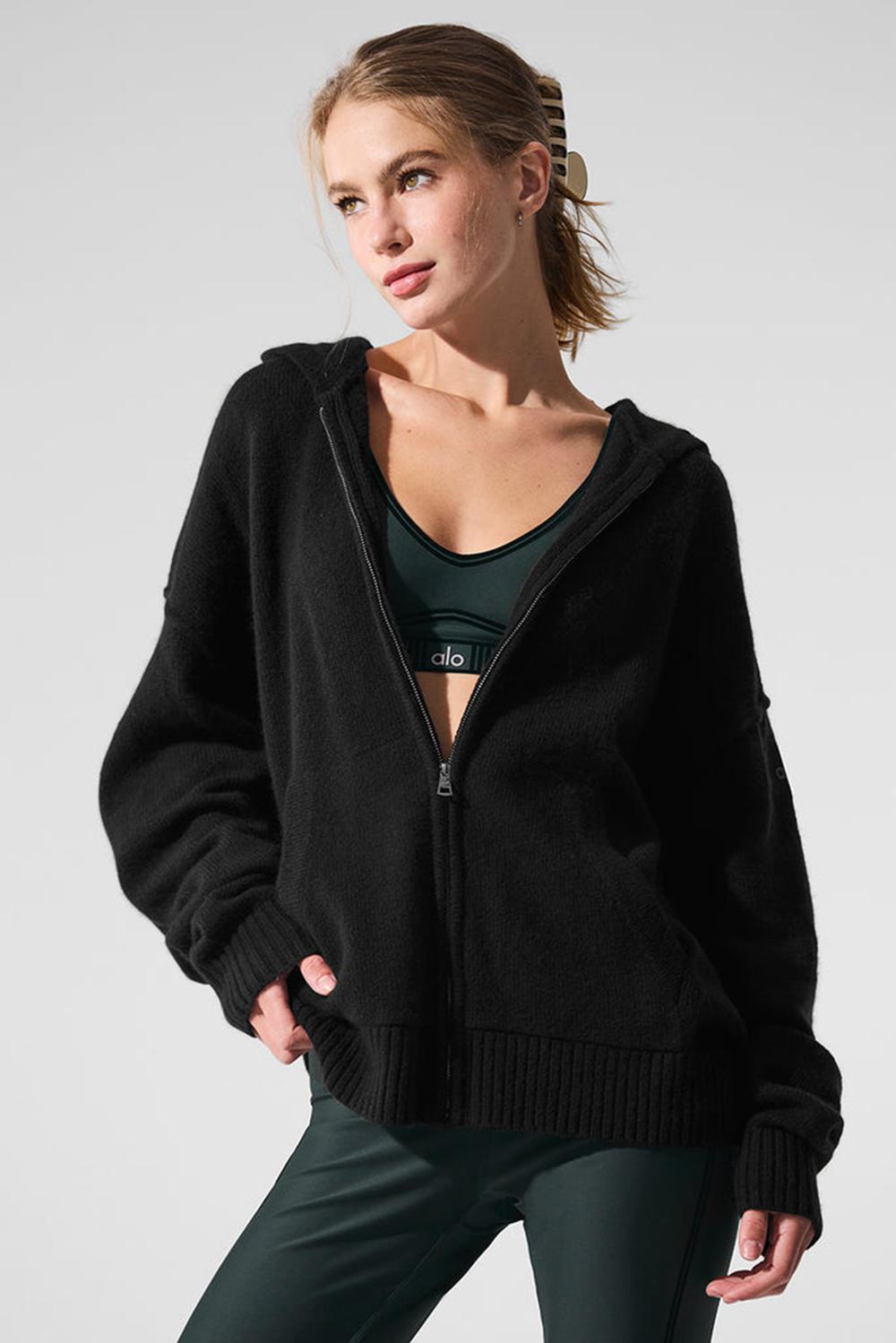 Φουτερ με Κουκουλα γυναικεια Alo Yoga New Class Cashmere Full Zip μαυρα | Greece  DOLUI-6251