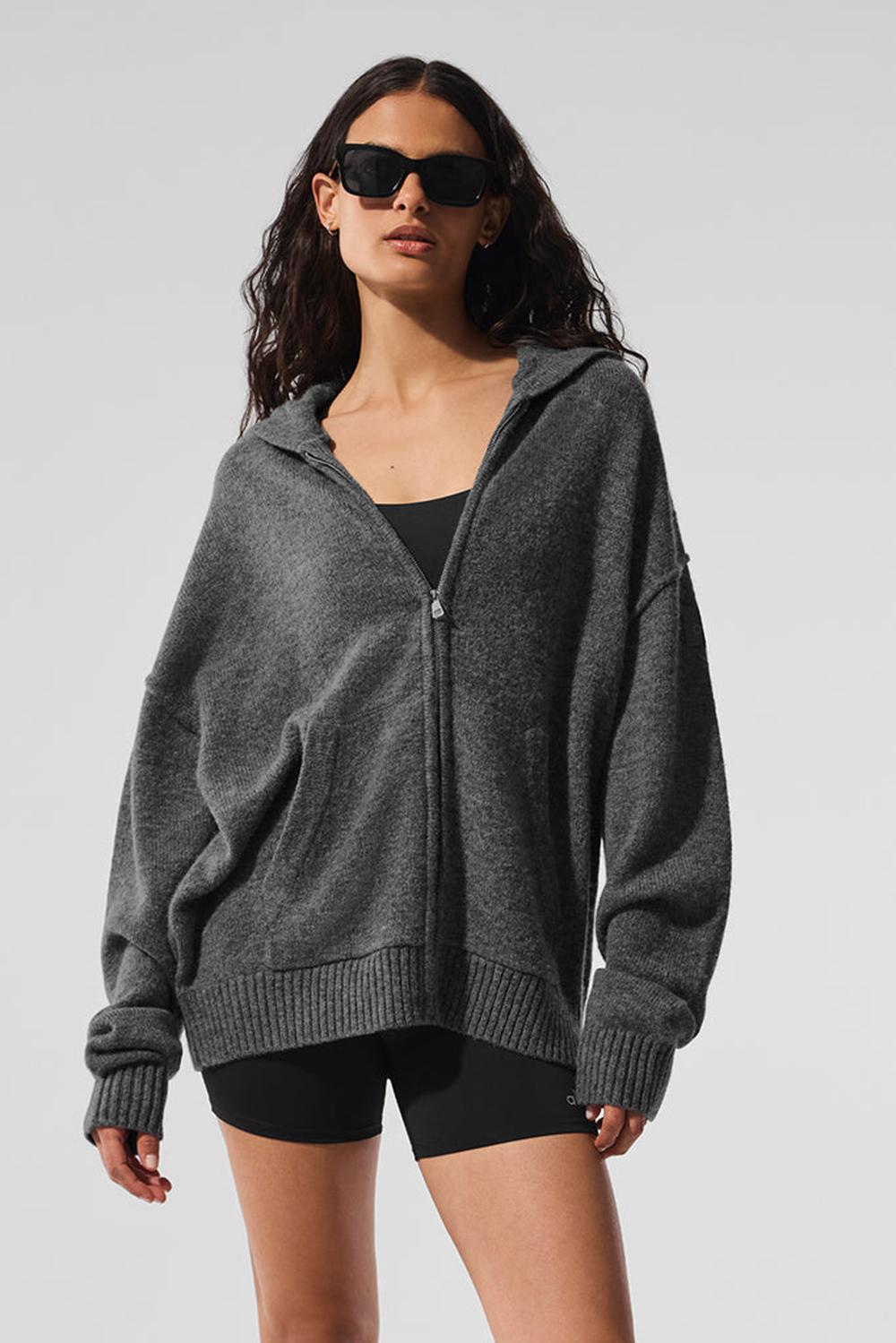 Φουτερ με Κουκουλα γυναικεια Alo Yoga New Class Cashmere Full Zip Πλατίνα γκρι | Greece  WRTJH-8396