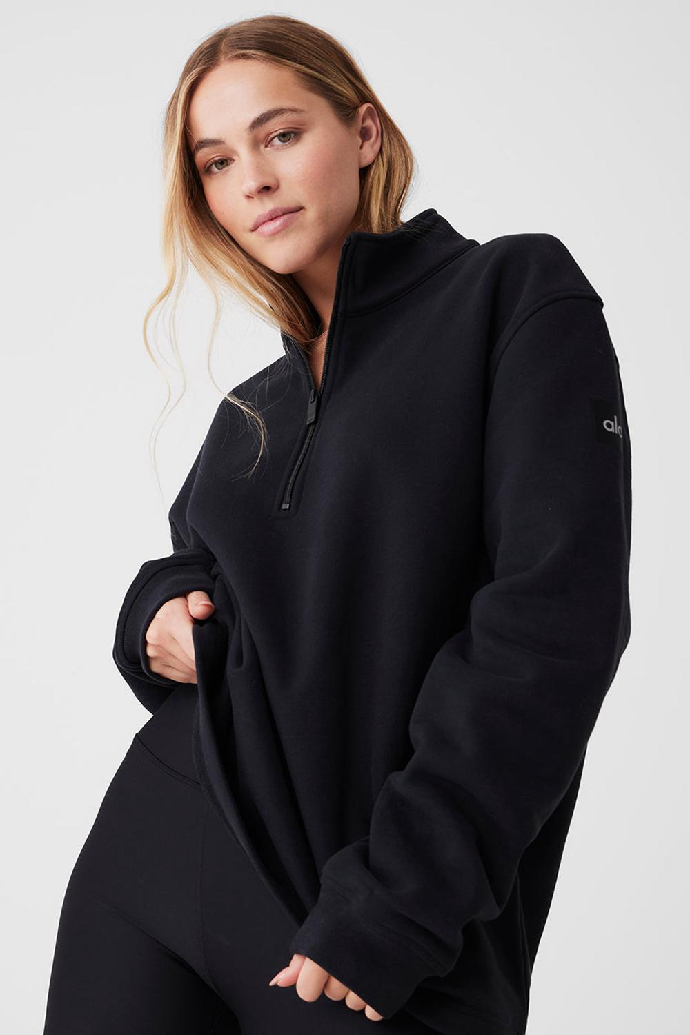 Φουτερ με Κουκουλα γυναικεια Alo Yoga Renown Heavy Weight 1/4 Zip μαυρα | Greece  SLYEU-2174