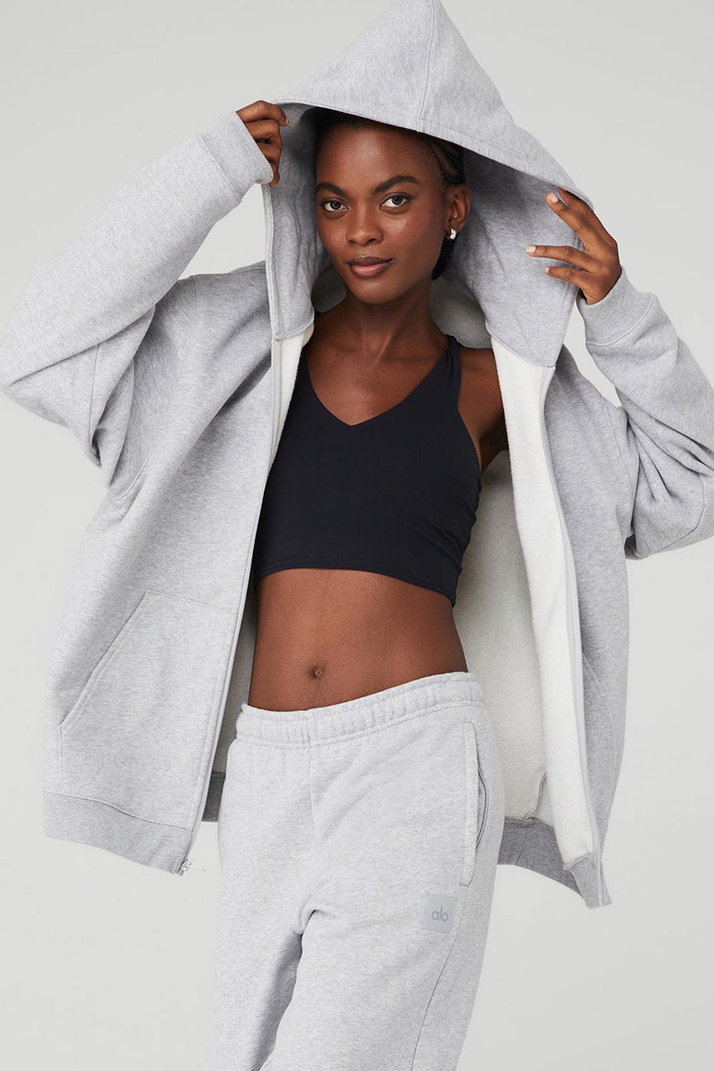 Φουτερ με Κουκουλα γυναικεια Alo Yoga Renown Heavy Weight Full Zip γκρι | Greece  JOLVY-1256