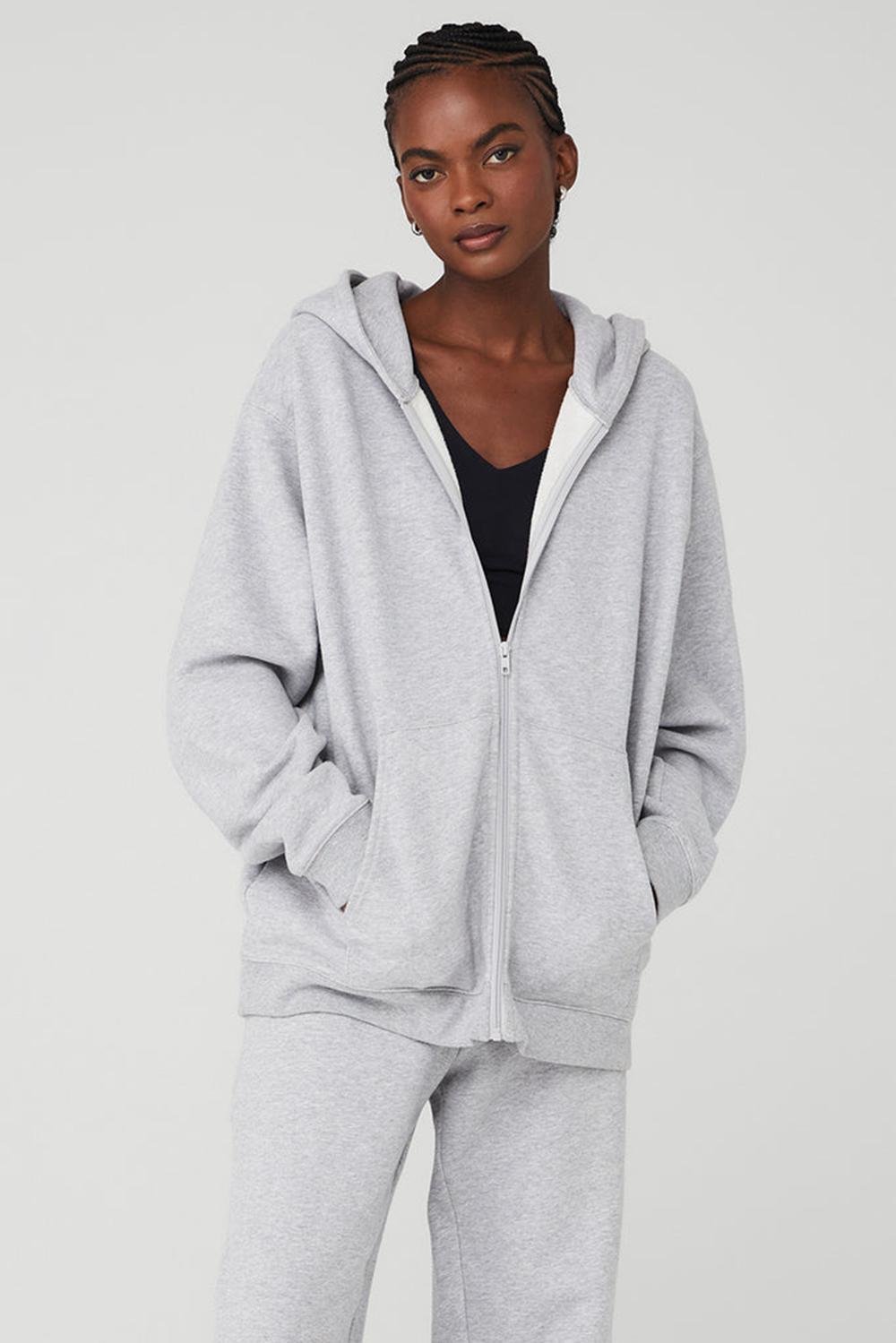 Φουτερ με Κουκουλα γυναικεια Alo Yoga Renown Heavy Weight Full Zip γκρι | Greece  JOLVY-1256