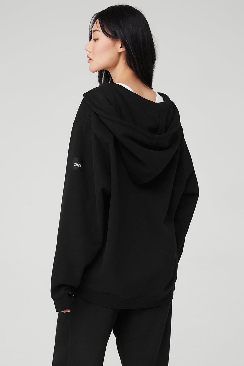 Φουτερ με Κουκουλα γυναικεια Alo Yoga Renown Heavy Weight Full Zip μαυρα | Greece  HZPIJ-5172