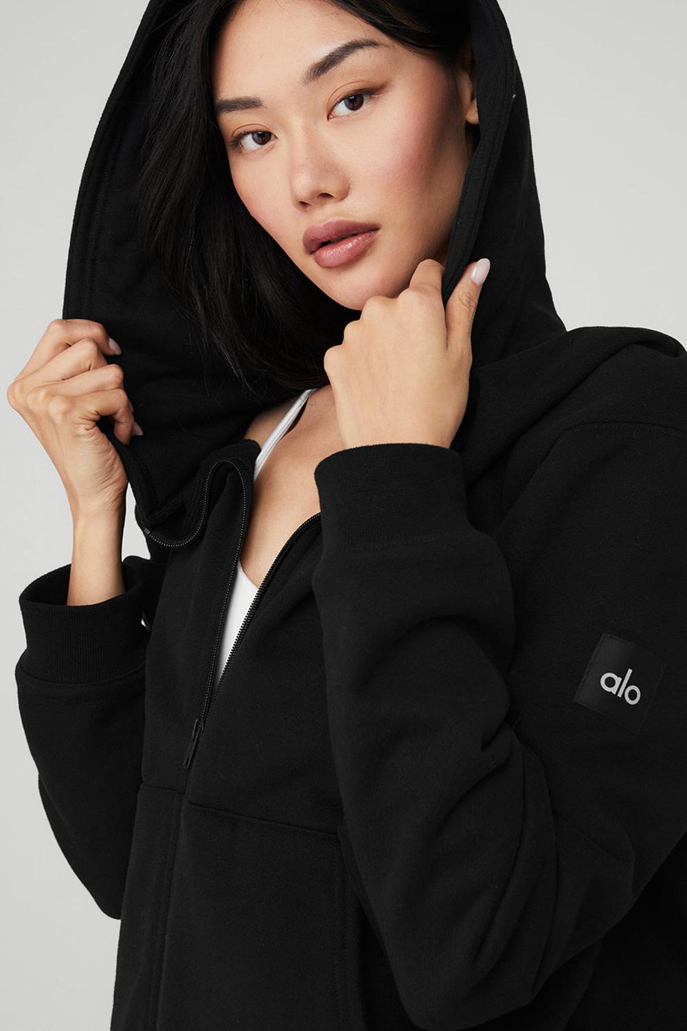 Φουτερ με Κουκουλα γυναικεια Alo Yoga Renown Heavy Weight Full Zip μαυρα | Greece  HZPIJ-5172