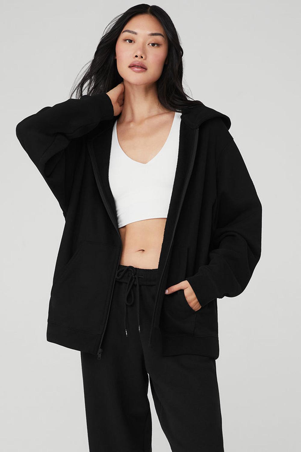 Φουτερ με Κουκουλα γυναικεια Alo Yoga Renown Heavy Weight Full Zip μαυρα | Greece  HZPIJ-5172