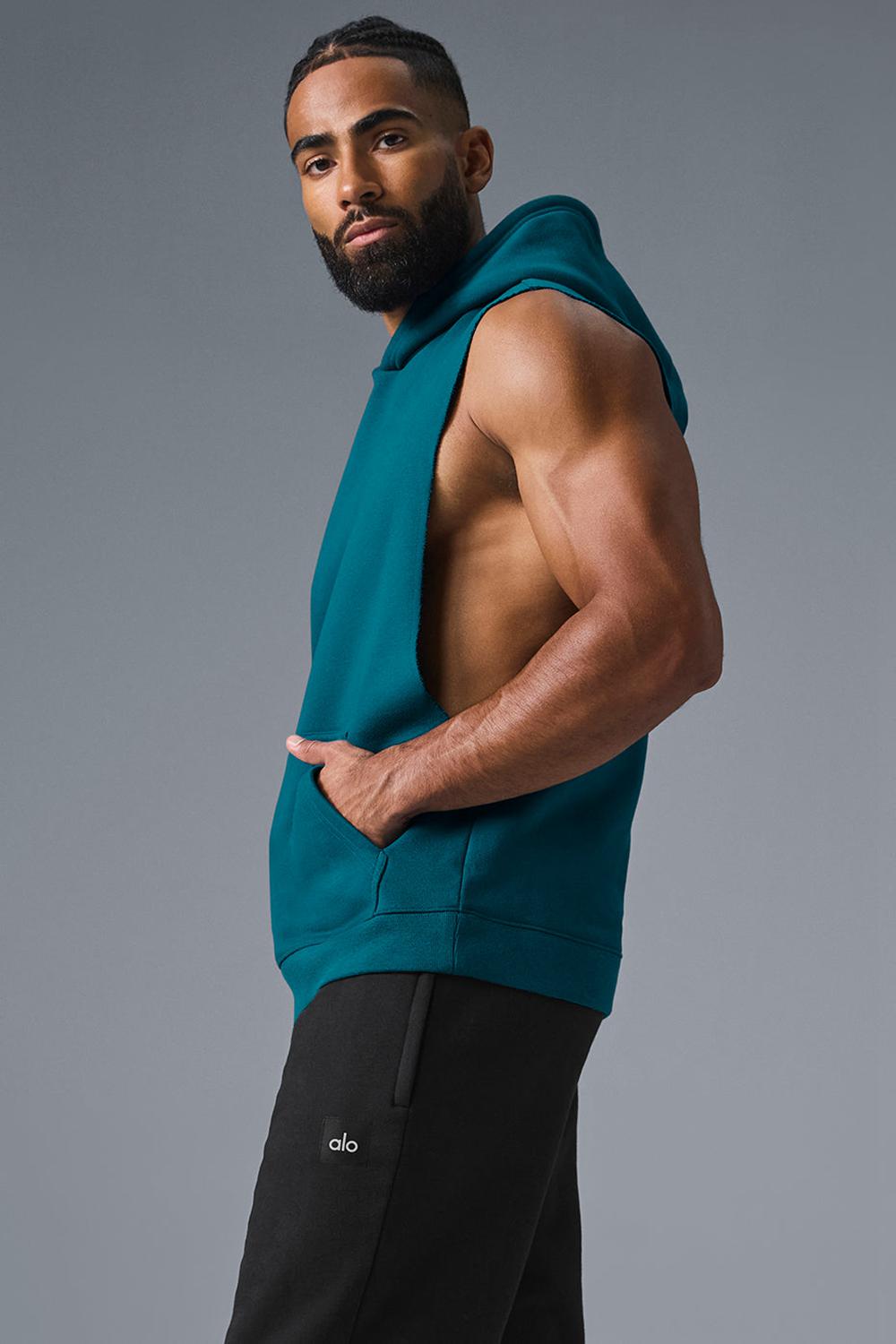 Φουτερ με Κουκουλα ανδρικα Alo Yoga Renown Sleeveless Oceanic Teal | Greece  IQLVS-8572
