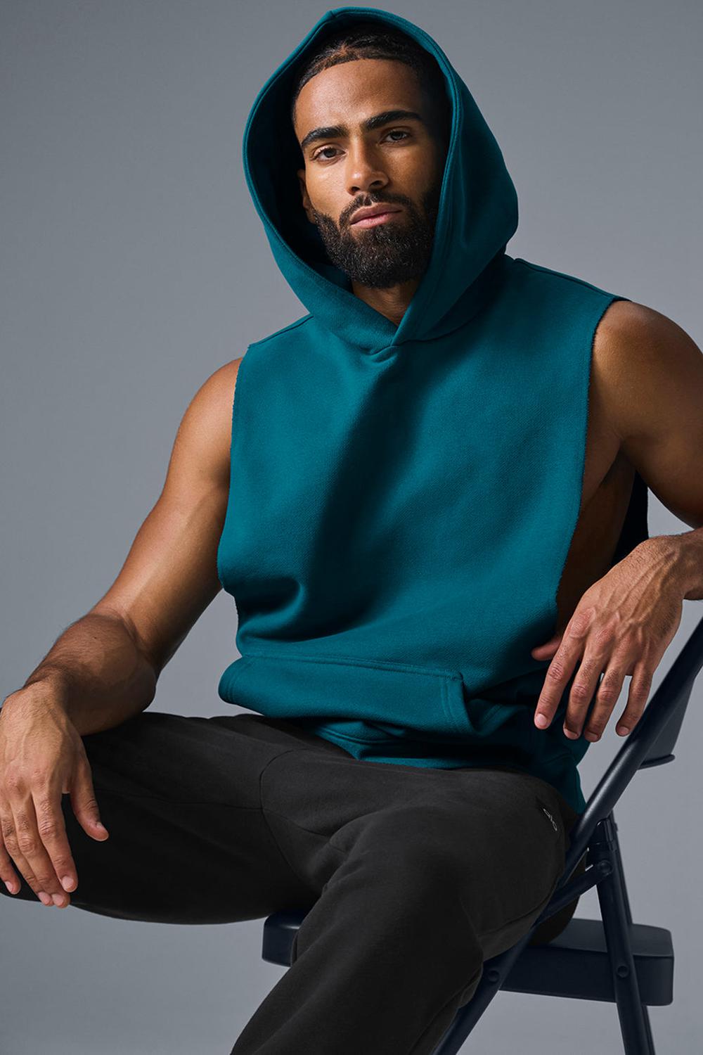 Φουτερ με Κουκουλα ανδρικα Alo Yoga Renown Sleeveless Oceanic Teal | Greece  IQLVS-8572