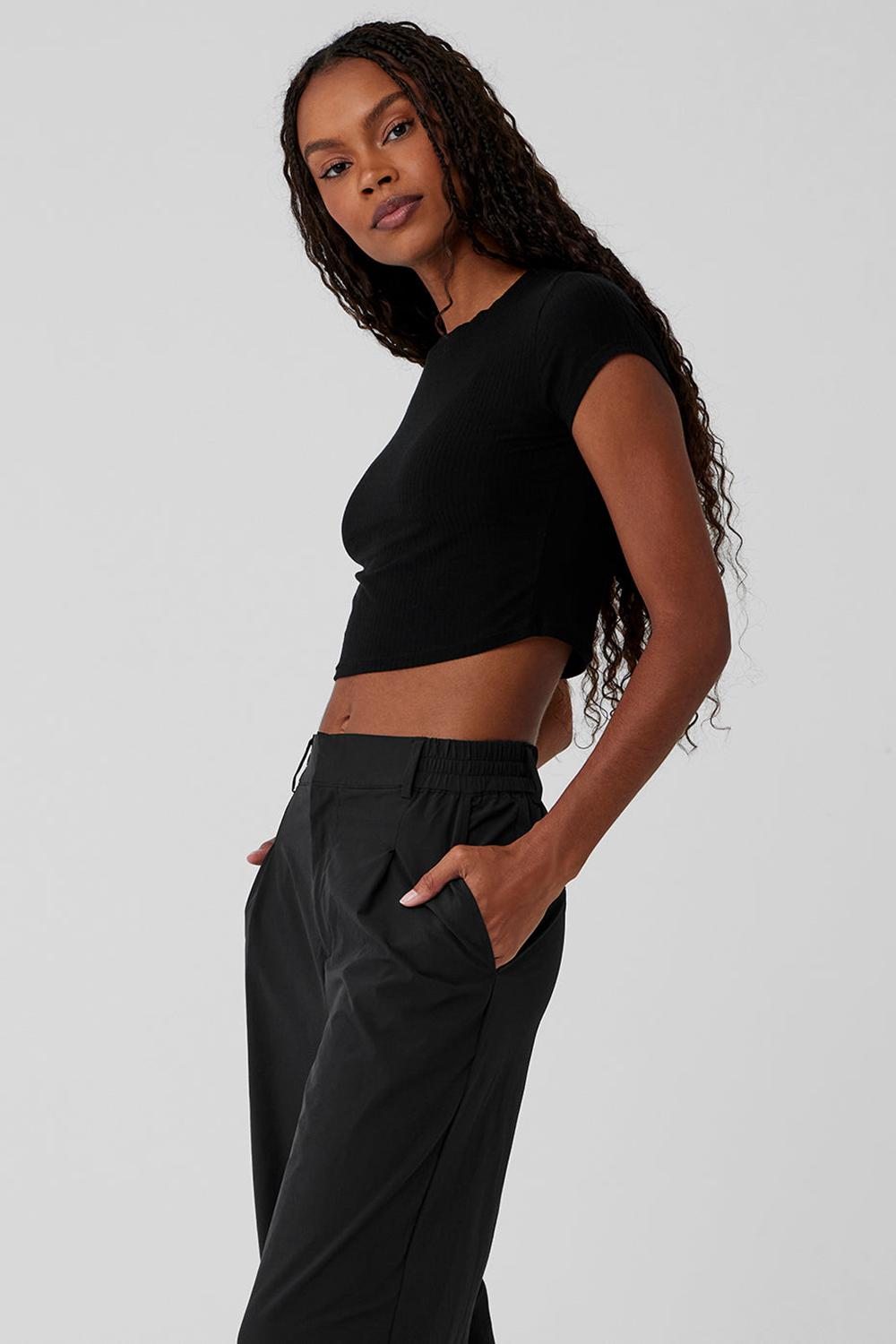 μπλουζακια για τρεξιμο γυναικεια Alo Yoga Ribbed Sea Coast Cropped Sleeve μαυρα | Greece  PKVSB-9603