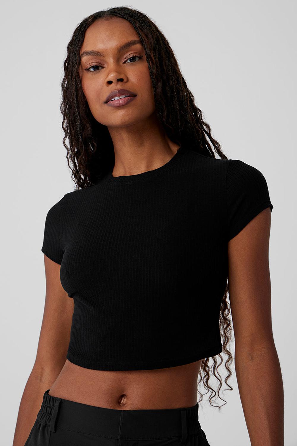 μπλουζακια για τρεξιμο γυναικεια Alo Yoga Ribbed Sea Coast Cropped Sleeve μαυρα | Greece  PKVSB-9603