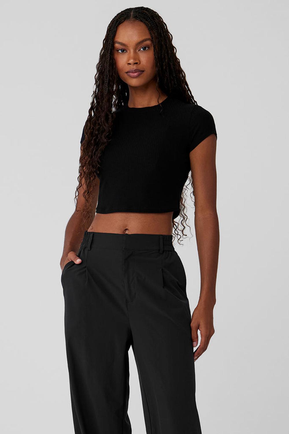 μπλουζακια για τρεξιμο γυναικεια Alo Yoga Ribbed Sea Coast Cropped Sleeve μαυρα | Greece  PKVSB-9603