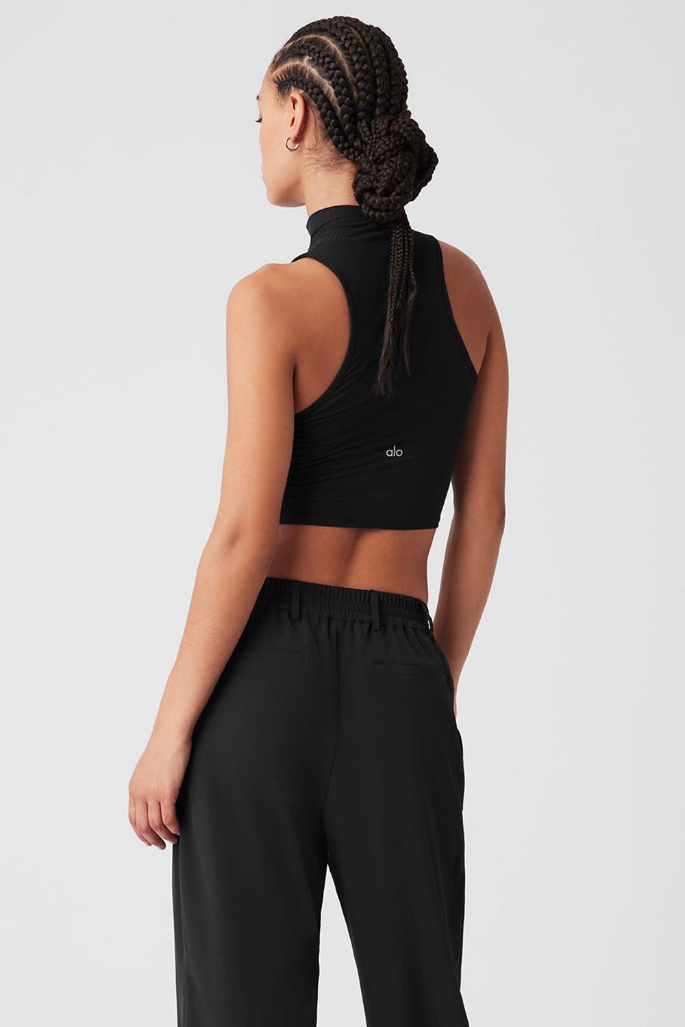 φανελακια για τρεξιμο γυναικεια Alo Yoga Ribbed Sea Coast Cropped Turtleneck μαυρα | Greece  OSJDF-4036