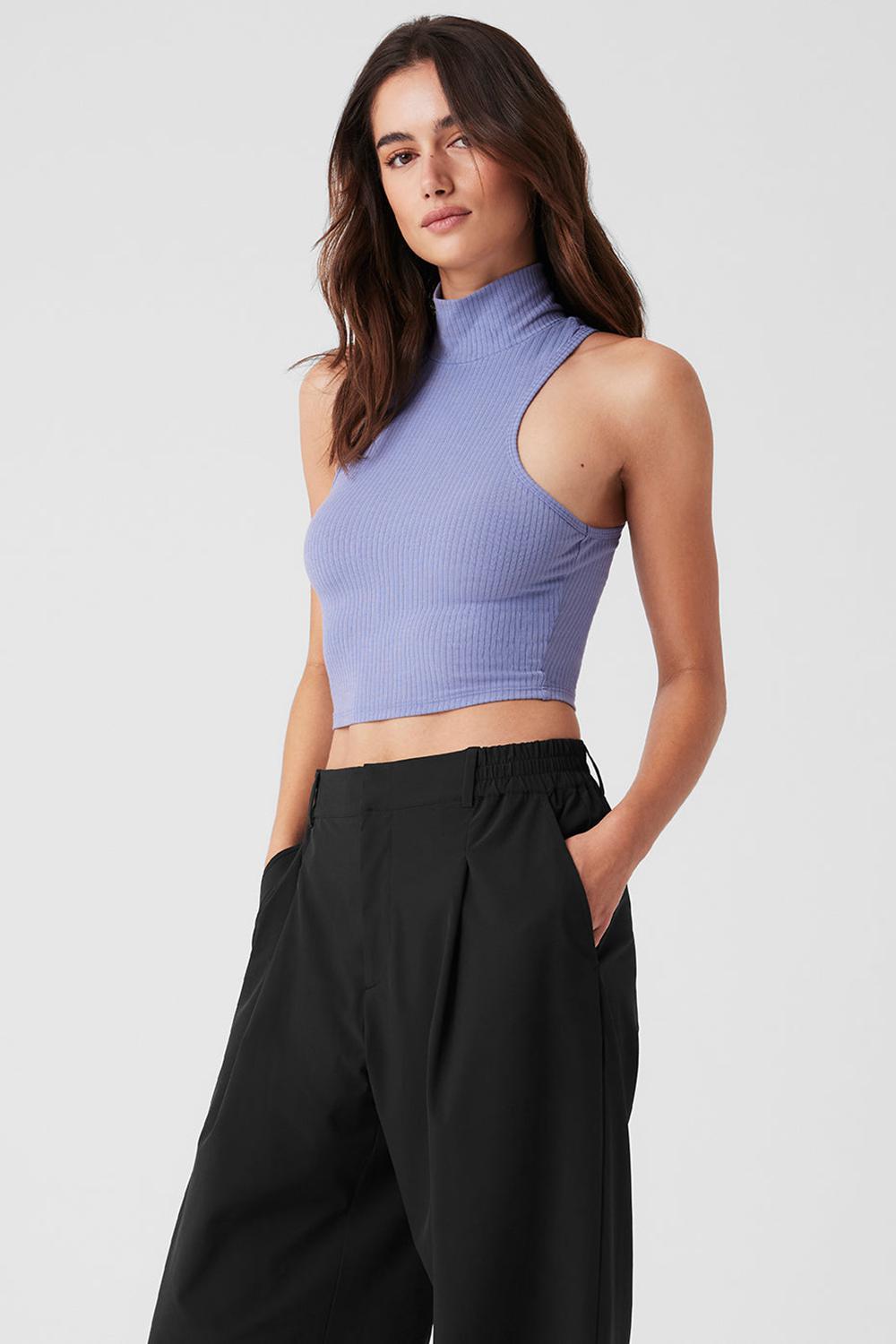 φανελακια για τρεξιμο γυναικεια Alo Yoga Ribbed Sea Coast Cropped Turtleneck μπλε | Greece  YUGCM-9175