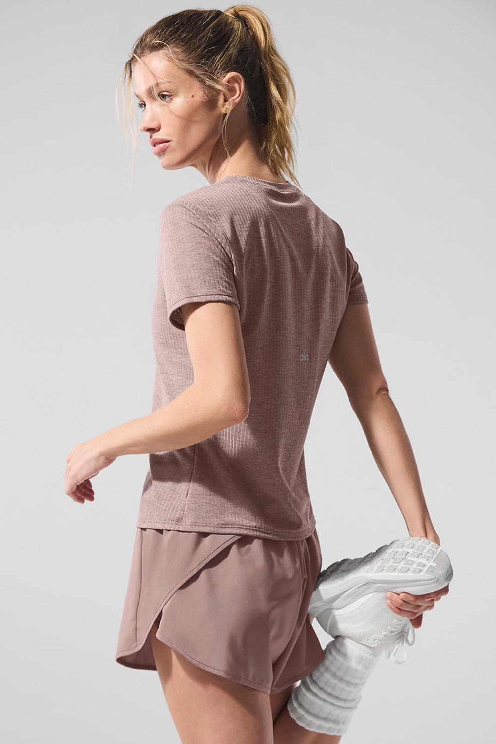 μπλουζακια για τρεξιμο γυναικεια Alo Yoga Ribbed Sea Coast Mushroom Heather | Greece  LSHTZ-9813